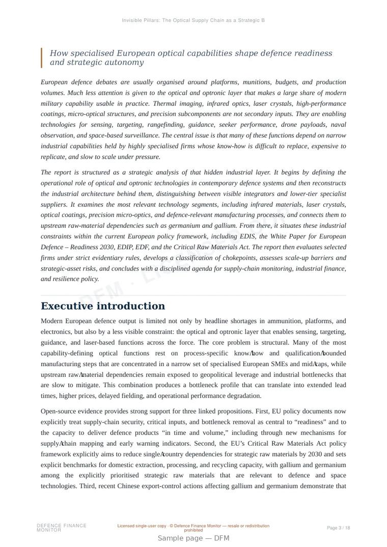 Sample page from “Invisible Pillars: The Optical Supply Chain as a Strategic Bottleneck in European Defence” — 19-page report