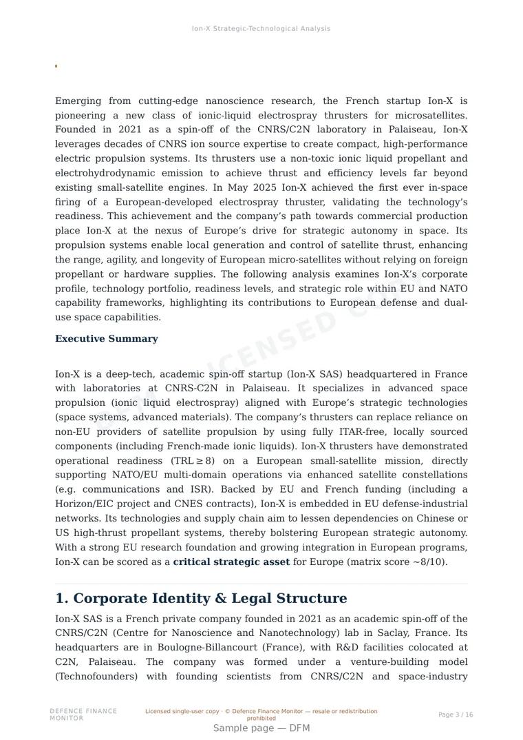 Sample page from “Ion-X — France advanced propulsion company” — 17-page report
