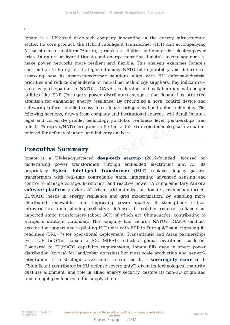 Sample page from “Ionate — United Kingdom resilient energy systems company” — 20-page report