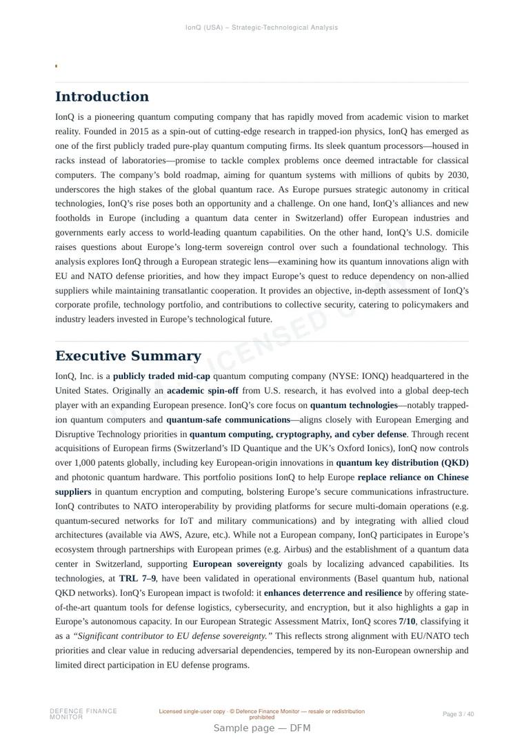 Sample page from “IonQ — United States quantum company” — 41-page report
