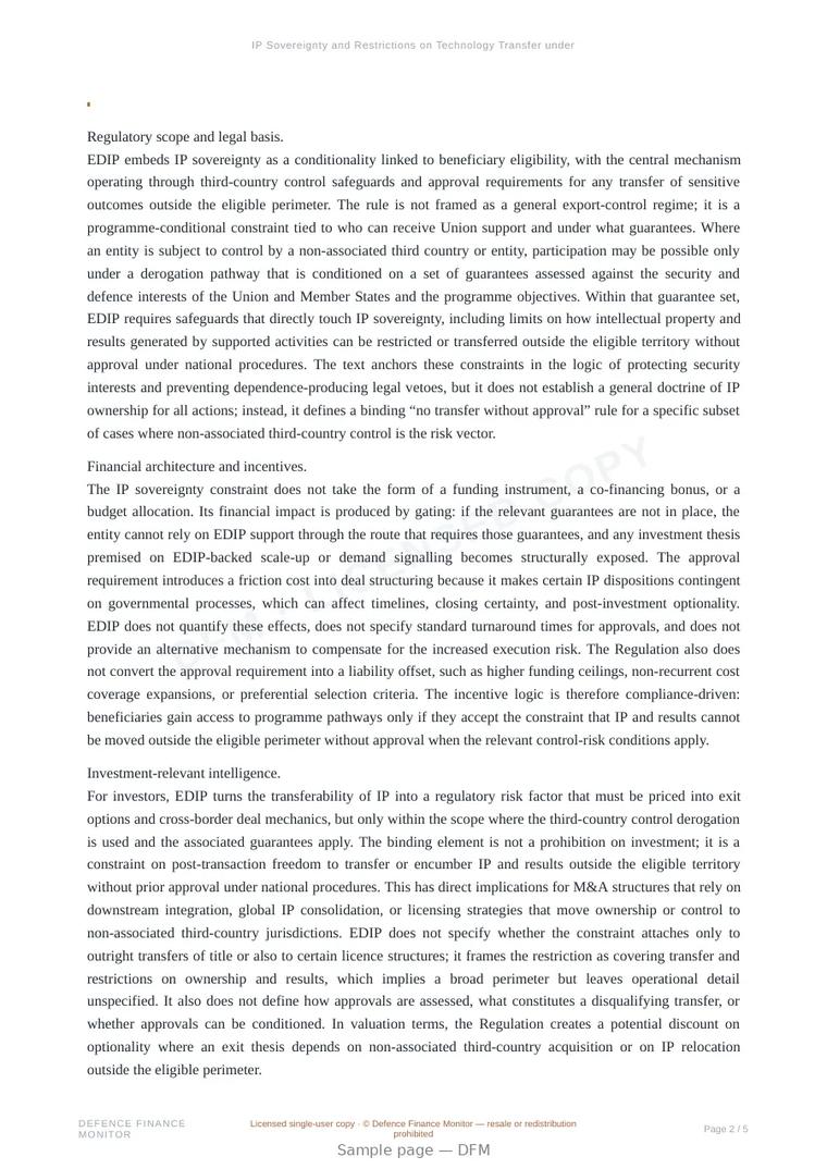 Sample page from “IP Sovereignty and Restrictions on Technology Transfer under EDIP” — 6-page report