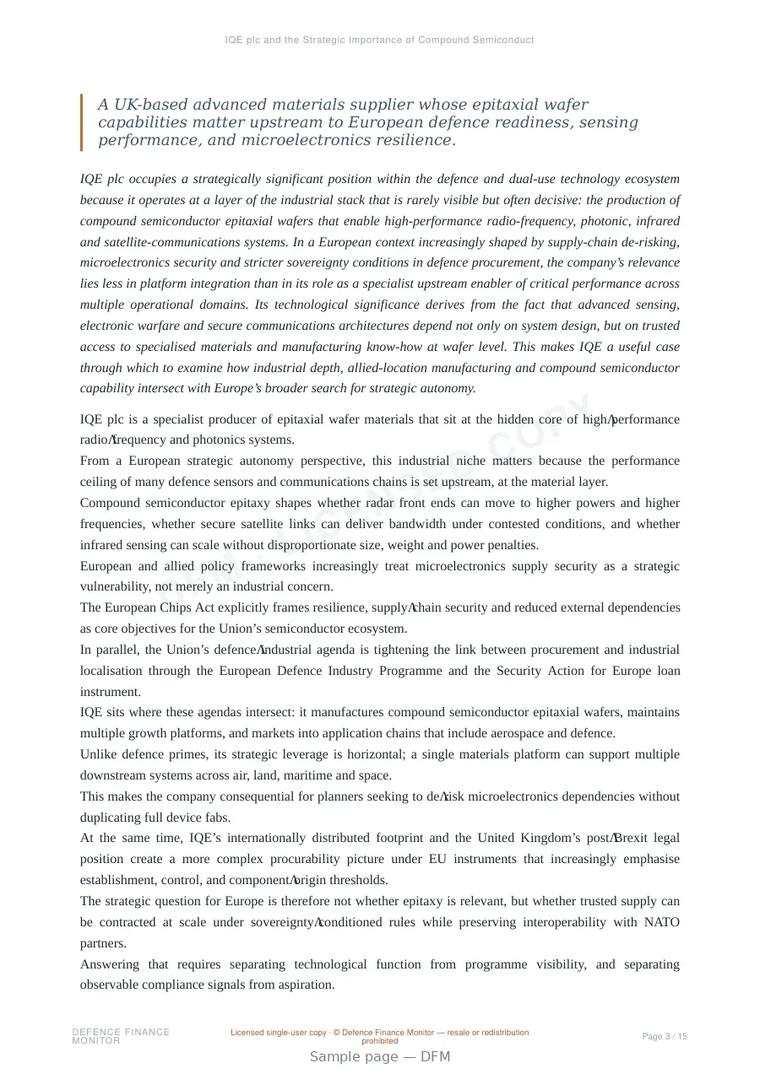 Sample page from “IQE plc and the Strategic Importance of Compound Semiconductor Epitaxy in Europe’s Defence Electronics Base” — 16-page report