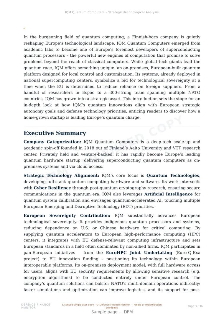 Sample page from “IQM Quantum Computers — Finland quantum company” — 37-page report