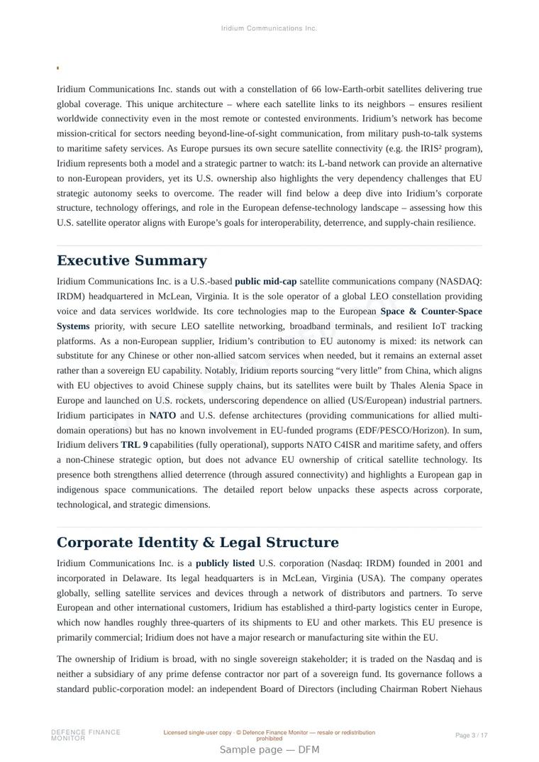Sample page from “Iridium Communications Inc.” — 18-page report