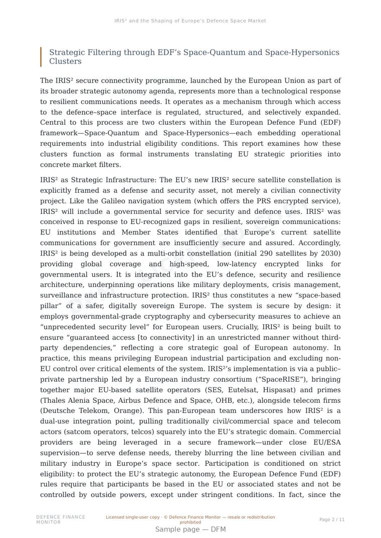 Sample page from “IRIS² and the Shaping of Europe’s Defence Space Market” — 12-page report