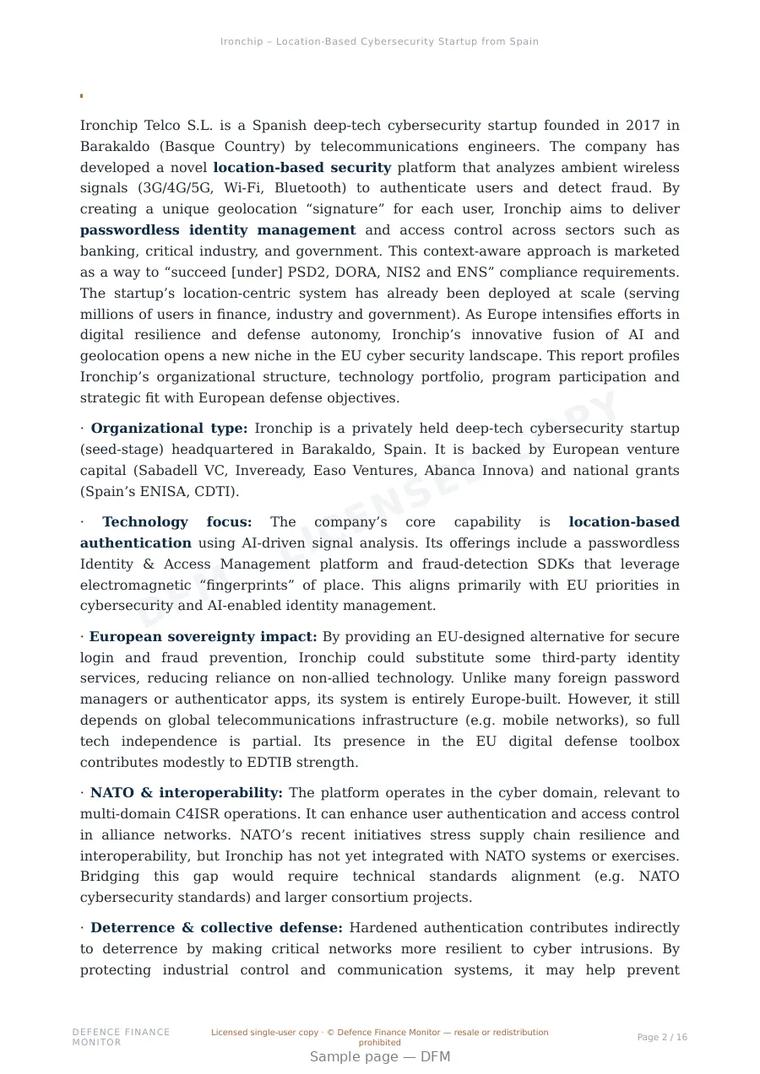 Sample page from “Ironchip – Location-Based Cybersecurity Startup from Spain” — 17-page report