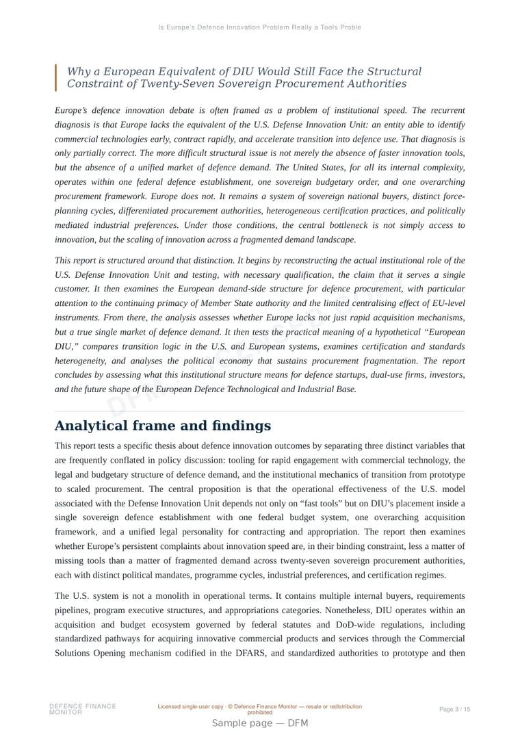 Sample page from “Is Europe’s Defence Innovation Problem Really a Tools Problem, or a Demand-Side Market Problem?” — 16-page report