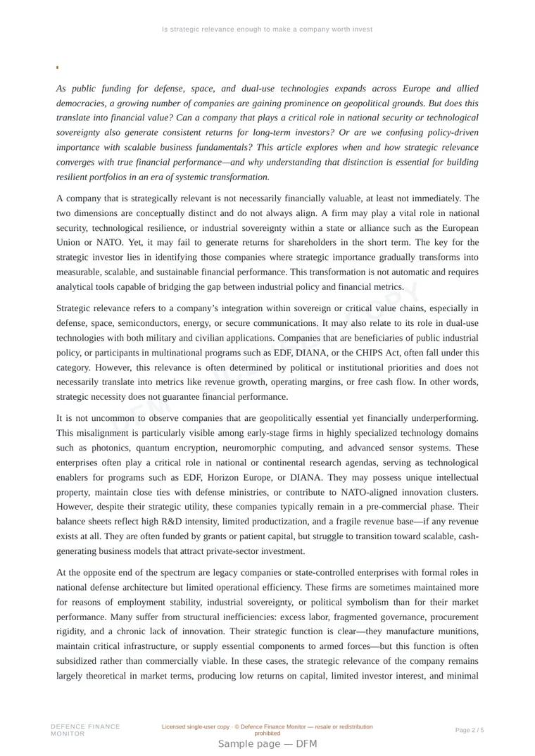 Sample page from “Is strategic relevance enough to make a company worth investing in?” — 6-page report