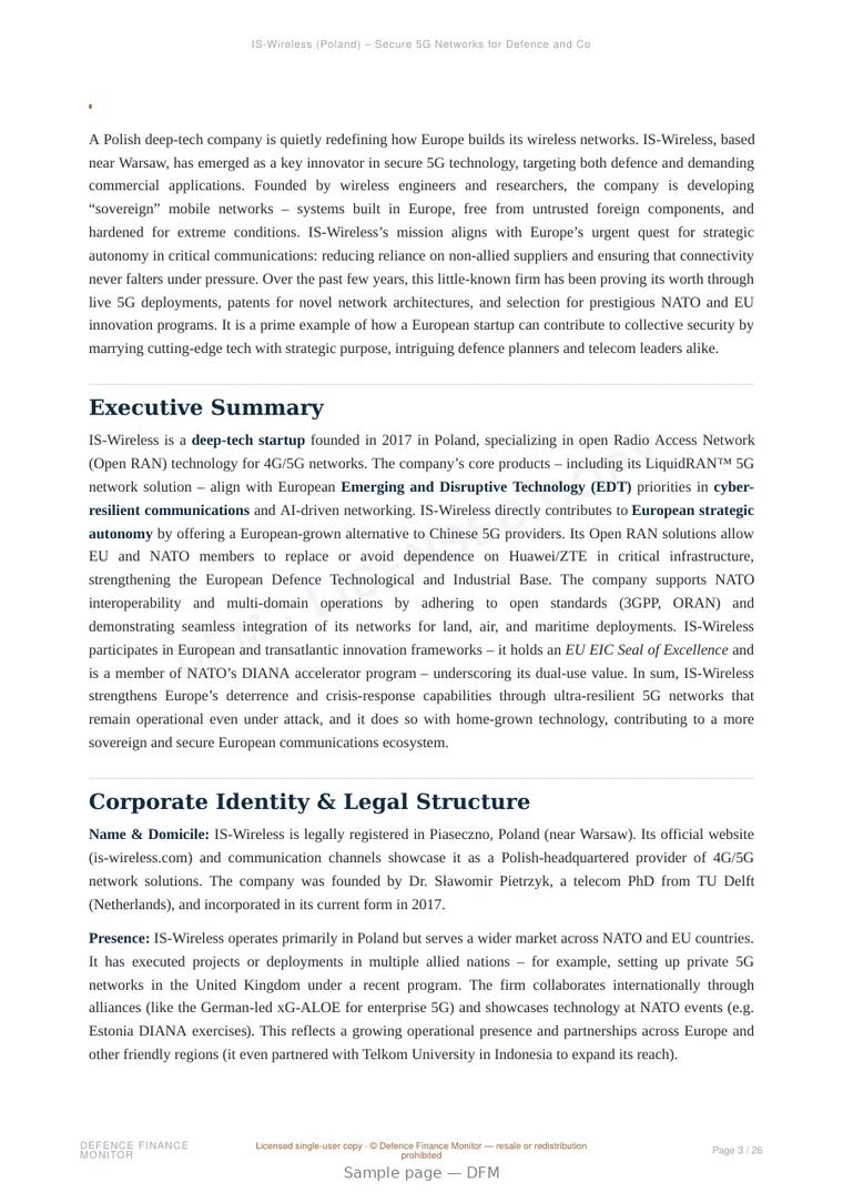 Sample page from “IS-Wireless (Poland) – Secure 5G Networks for Defence and Communications” — 27-page report