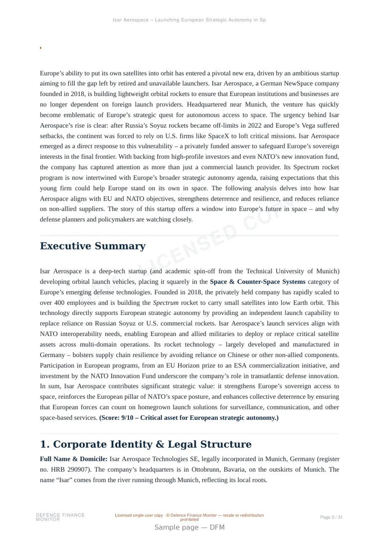 Sample page from “Isar Aerospace – Launching European Strategic Autonomy in Space” — 32-page report