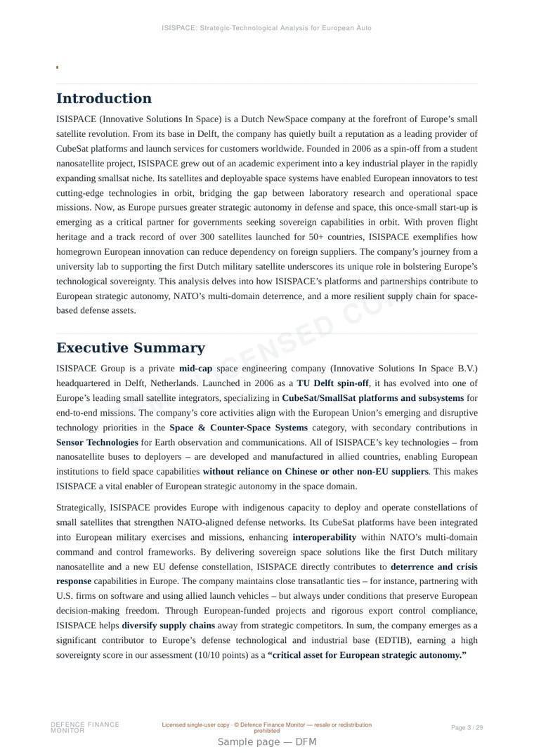 Sample page from “ISISPACE — Netherlands satellite platforms company” — 30-page report