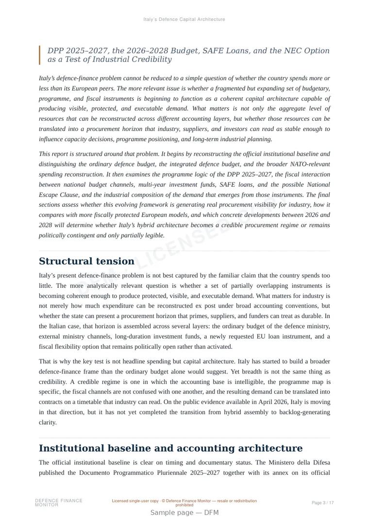 Sample page from “Italy’s Defence Capital Architecture” — 18-page report