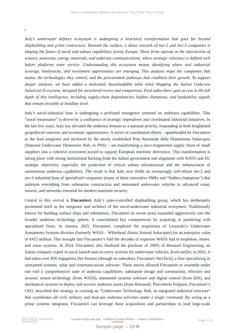 Sample page from “Italy’s Underwater Defence Ecosystem: Tier-2 and Tier-3 Companies Driving Naval and Subsea Capabilities” — 22-page report