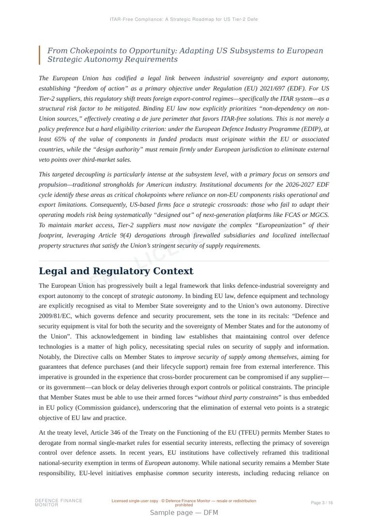 Sample page from “ITAR-Free Compliance: A Strategic Roadmap for US Tier-2 Defence Suppliers” — 17-page report