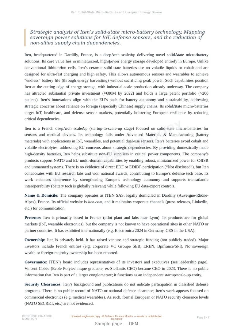 Sample page from “Iten: Solid-State Micro-Batteries and European Energy Sovereignty Analysis” — 12-page report