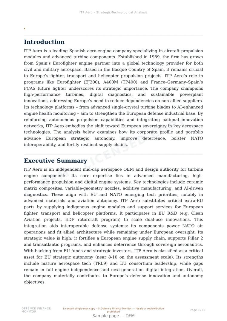 Sample page from “ITP Aero — Spain air platforms company” — 14-page report
