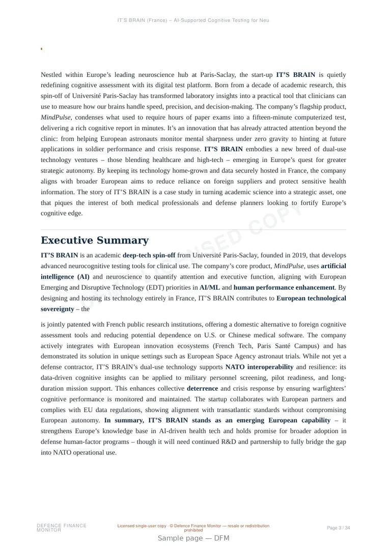 Sample page from “IT’S BRAIN (France) – AI-Supported Cognitive Testing for Neuropsychiatric Diagnosis” — 35-page report