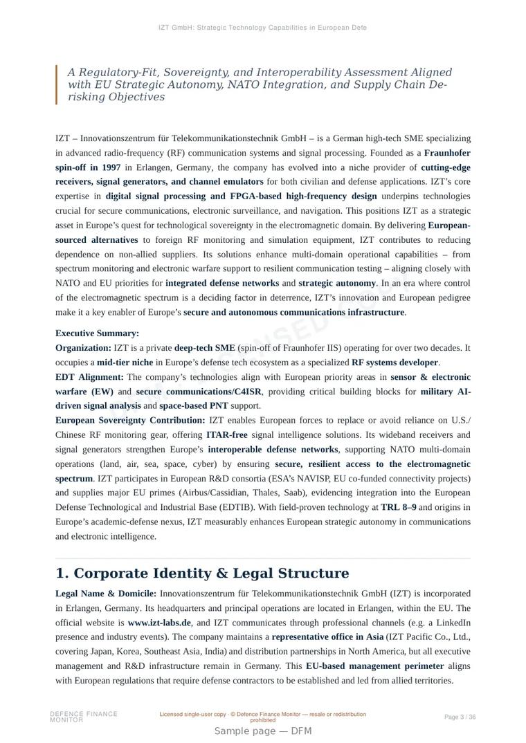 Sample page from “IZT GmbH: Strategic Technology Capabilities in European Defence and Dual-Use Telecommunications” — 37-page report