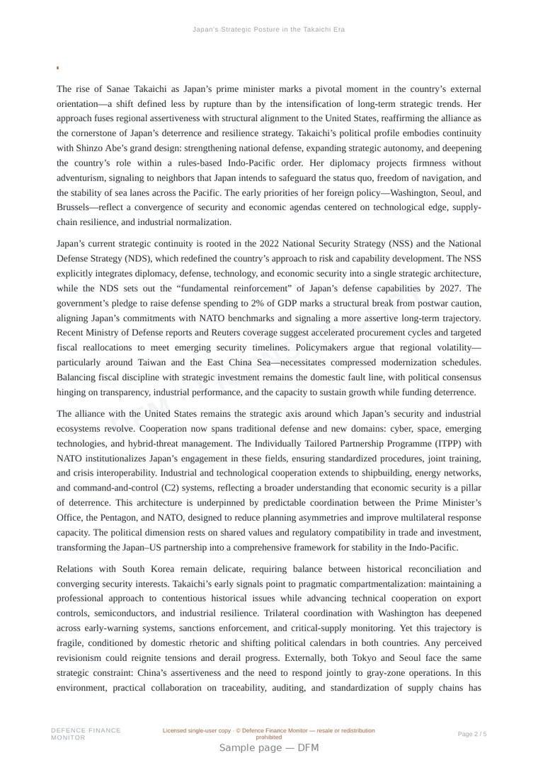 Sample page from “Japan’s Strategic Posture in the Takaichi Era” — 6-page report
