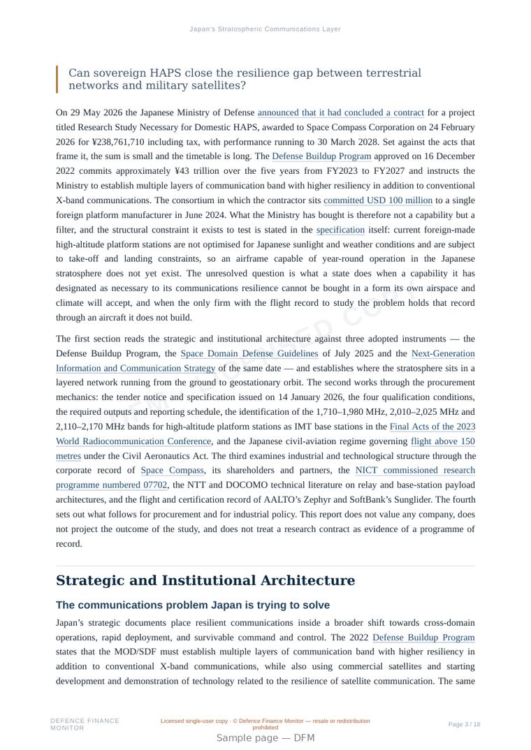 Sample page from “Japan’s Stratospheric Communications Layer” — 19-page report