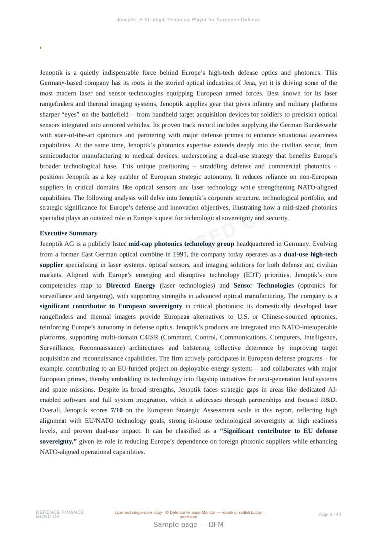 Sample page from “Jenoptik: A Strategic Photonics Player for European Defense Autonomy” — 41-page report