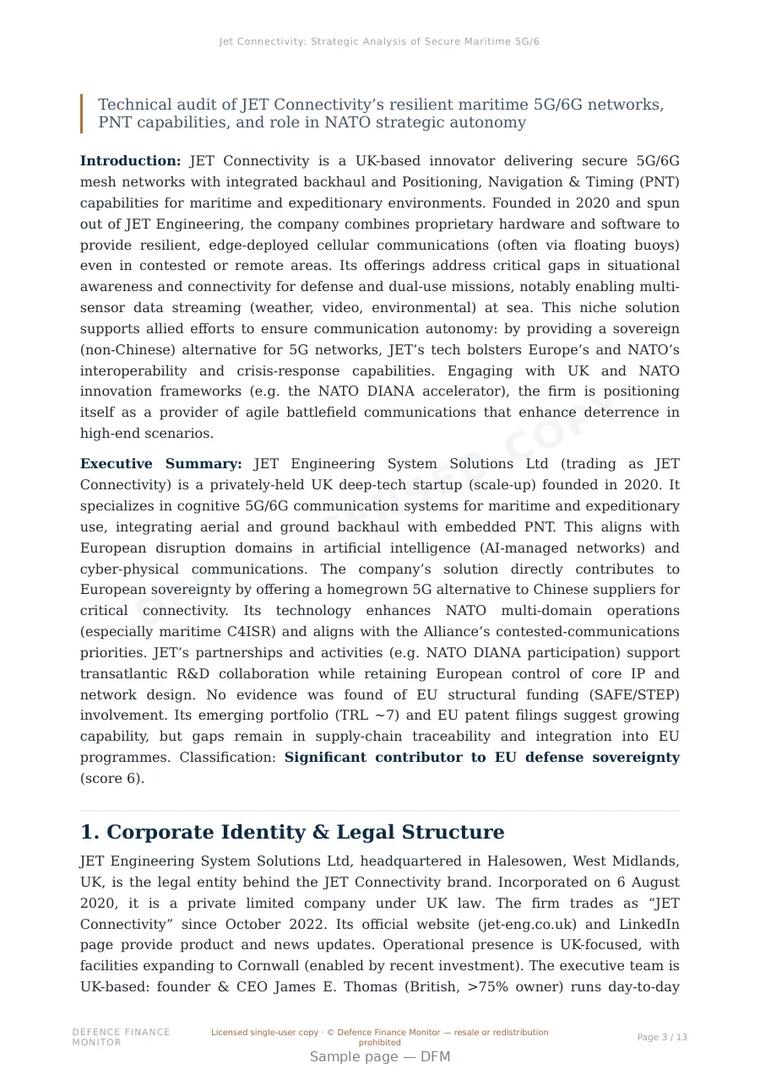 Sample page from “Jet Connectivity: Strategic Analysis of Secure Maritime 5G/6G Networks” — 14-page report