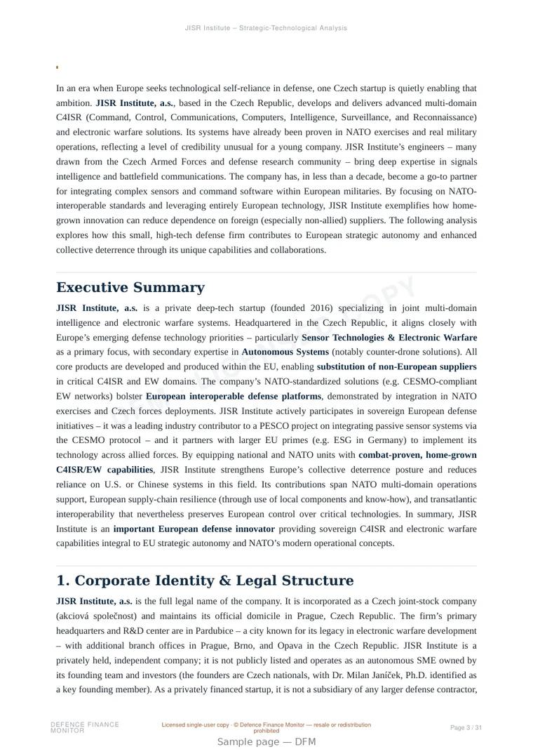 Sample page from “JISR Institute, a.s. — Czech Republic command company” — 32-page report