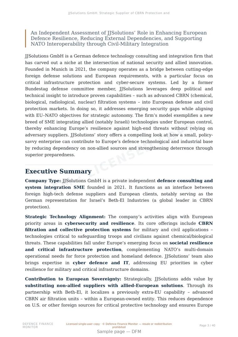 Sample page from “JJSolutions GmbH: Strategic Supplier of CBRN Protection and Dual-Use Systems in Europe” — 41-page report