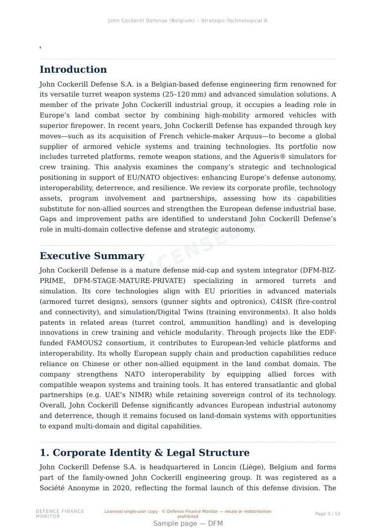 Sample page from “John Cockerill Defense S.A. — Belgium land platforms company” — 14-page report