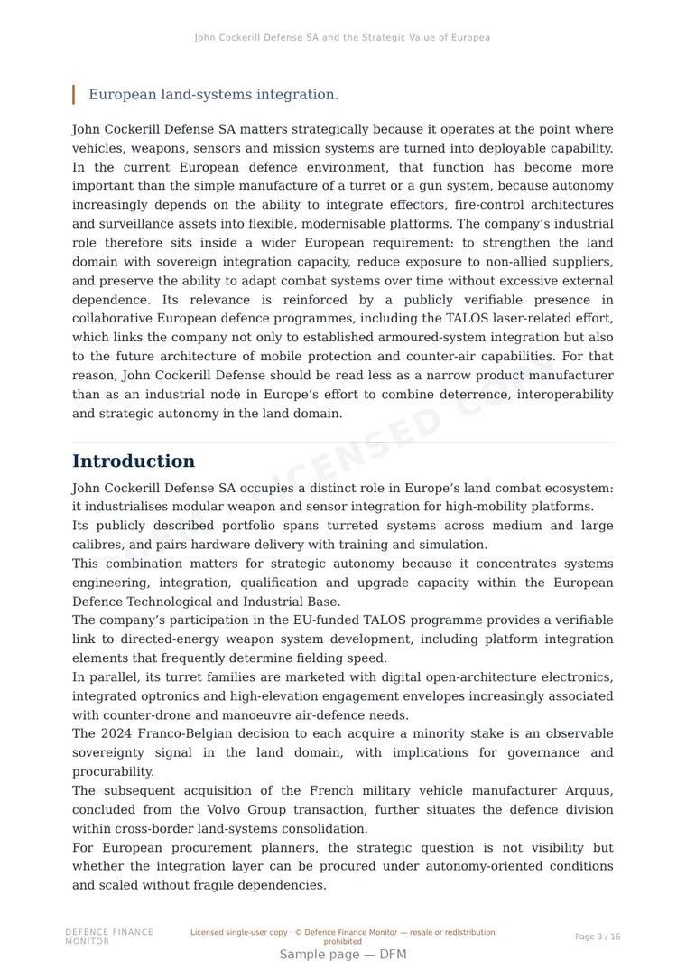 Sample page from “John Cockerill Defense SA and the Strategic Value of European Platform Integration for Mobile Firepower and Emerging Directed-Energy Capabilities” — 17-page report