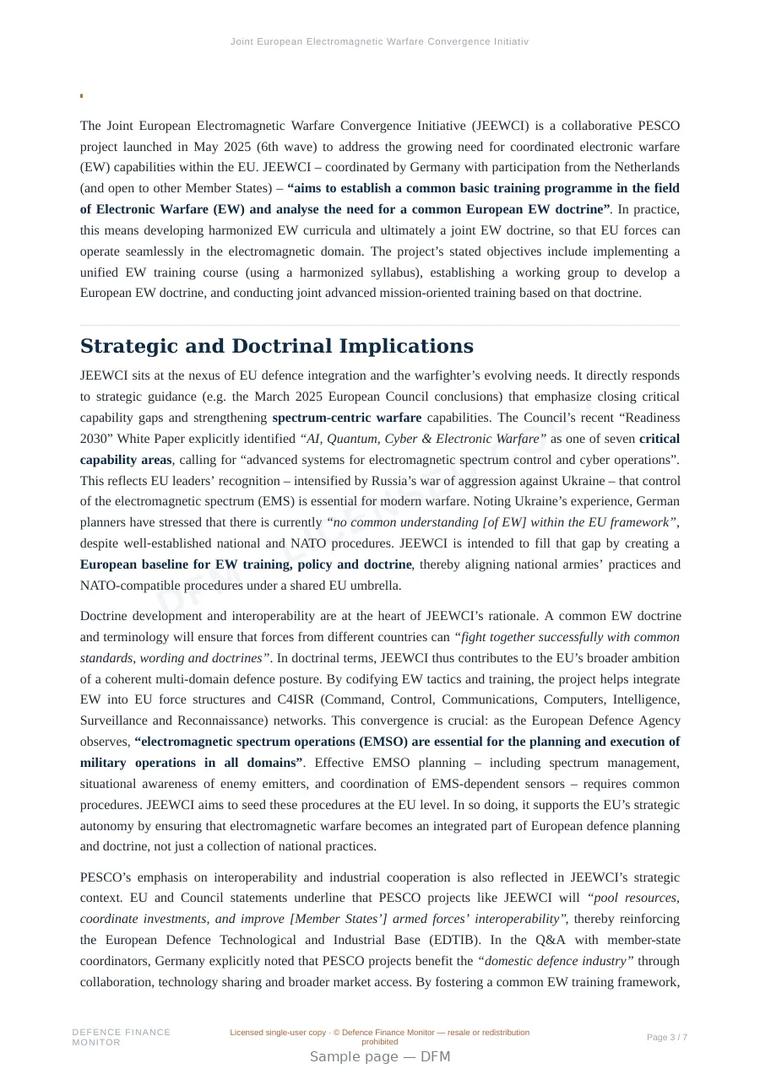 Sample page from “Joint European Electromagnetic Warfare Convergence Initiative (JEEWCI)” — 8-page report