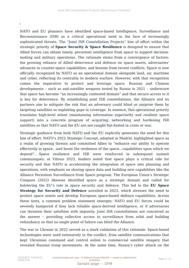 Sample page from “Joint ISR Constellation Projects (Operational Priorities)” — 34-page report