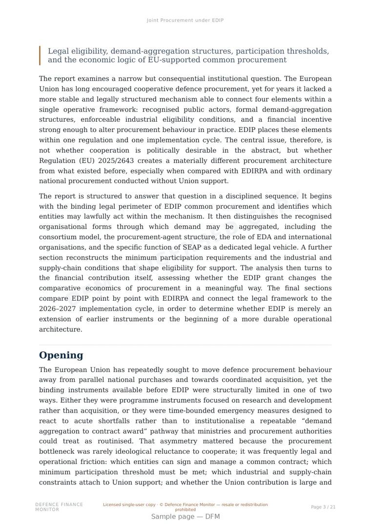Sample page from “Joint Procurement under EDIP” — 22-page report