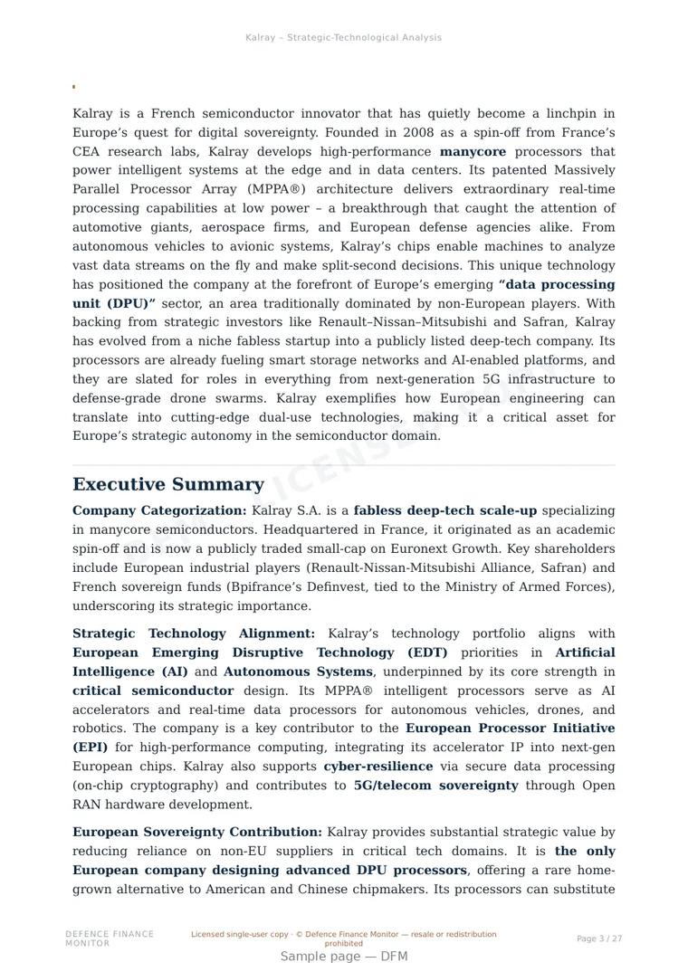 Sample page from “Kalray — France system-on-chip company” — 28-page report