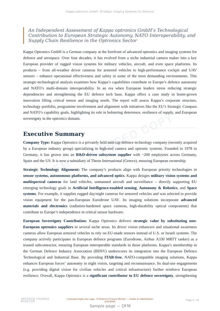 Sample page from “Kappa optronics GmbH: Strategic Imaging Systems for Defence and Dual-Use Applications” — 44-page report