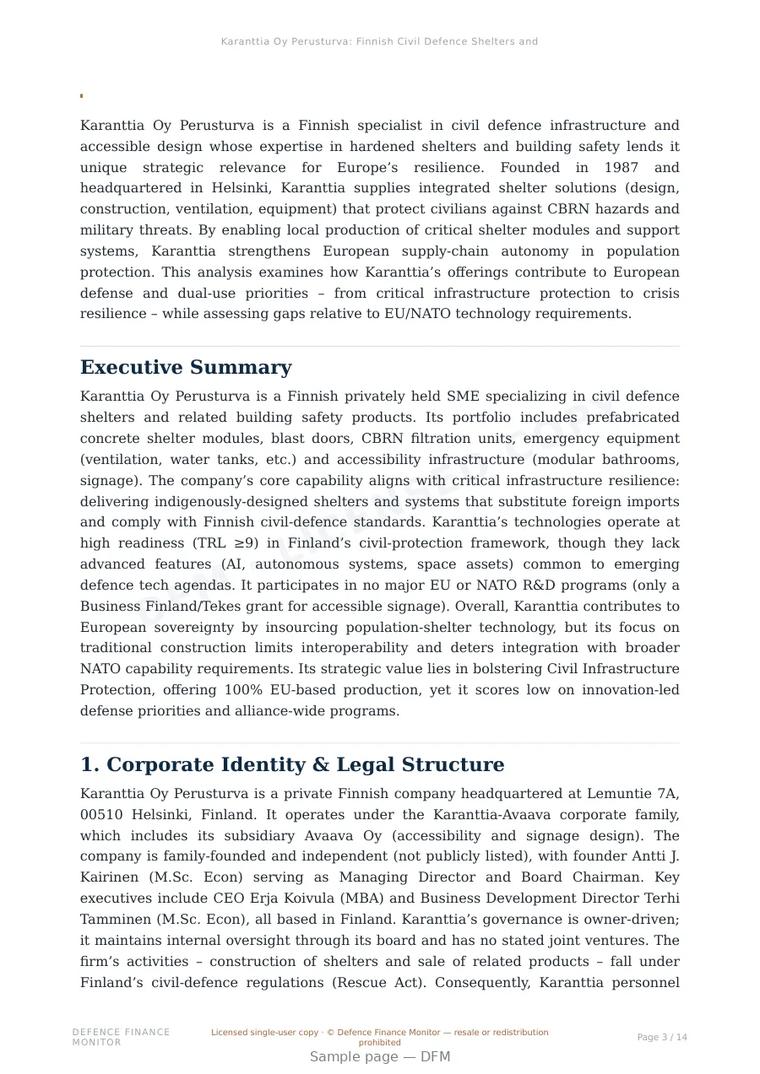 Sample page from “Karanttia Oy Perusturva: Finnish Civil Defence Shelters and CBRN Protection Systems for Critical Infrastructure” — 15-page report