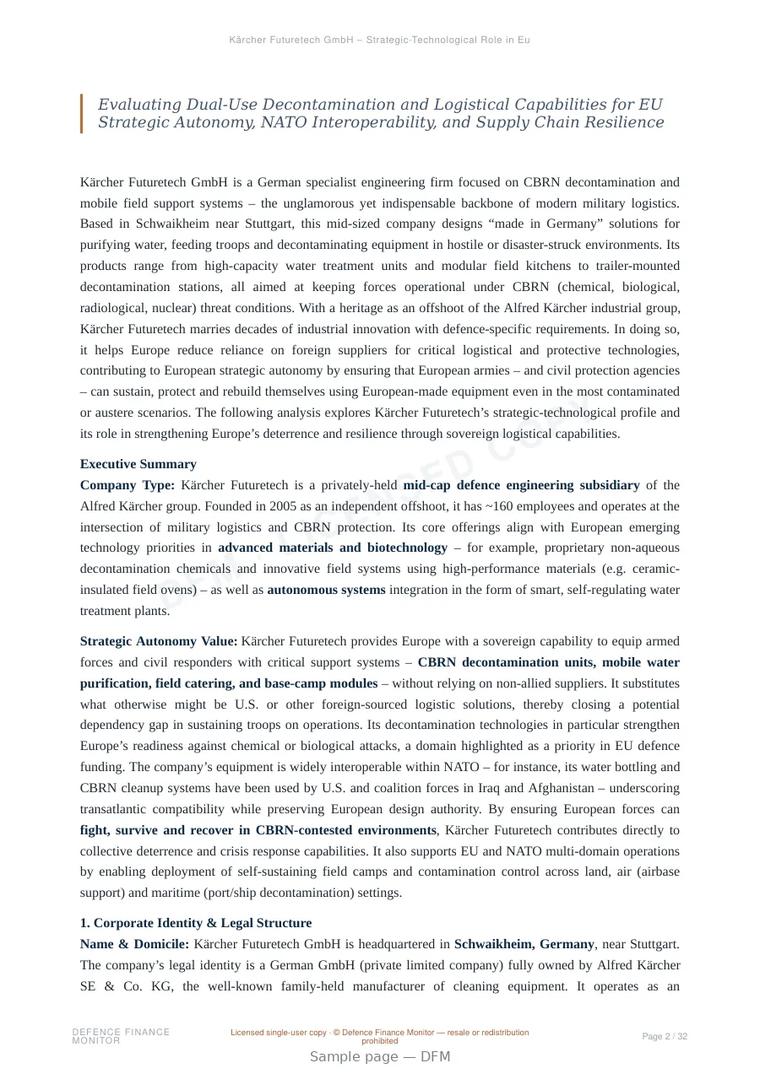 Sample page from “Kärcher Futuretech GmbH – Strategic-Technological Role in Europe’s Defence Landscape” — 33-page report