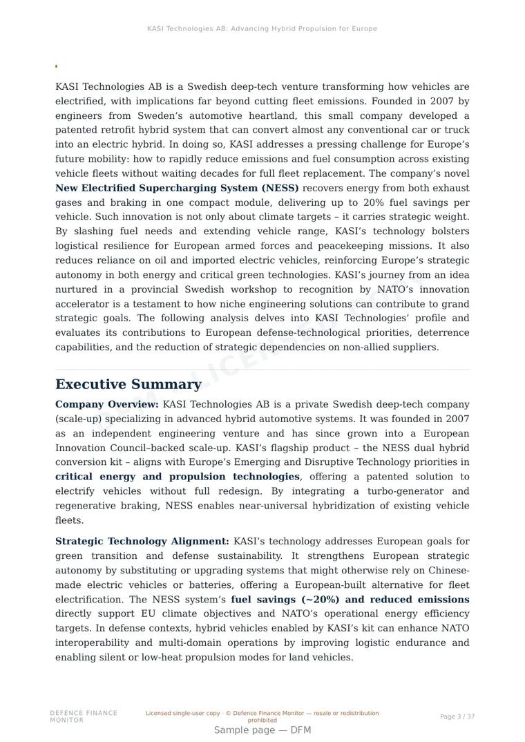 Sample page from “KASI Technologies AB: Advancing Hybrid Propulsion for European Strategic Autonomy” — 38-page report