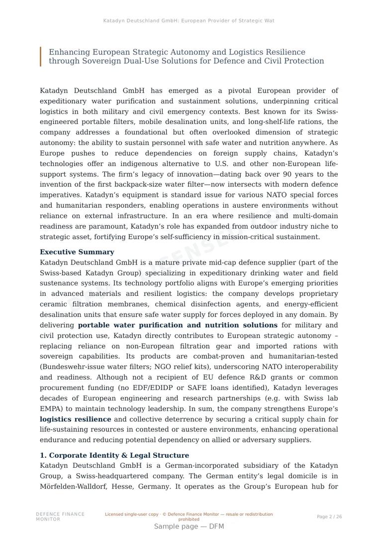 Sample page from “Katadyn Deutschland GmbH: European Provider of Strategic Water Purification and Field Sustainment Technologies” — 27-page report