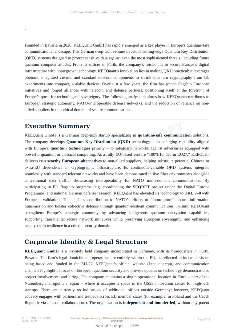 Sample page from “KEEQuant GmbH: Quantum Key Distribution for European Secure Communications” — 32-page report