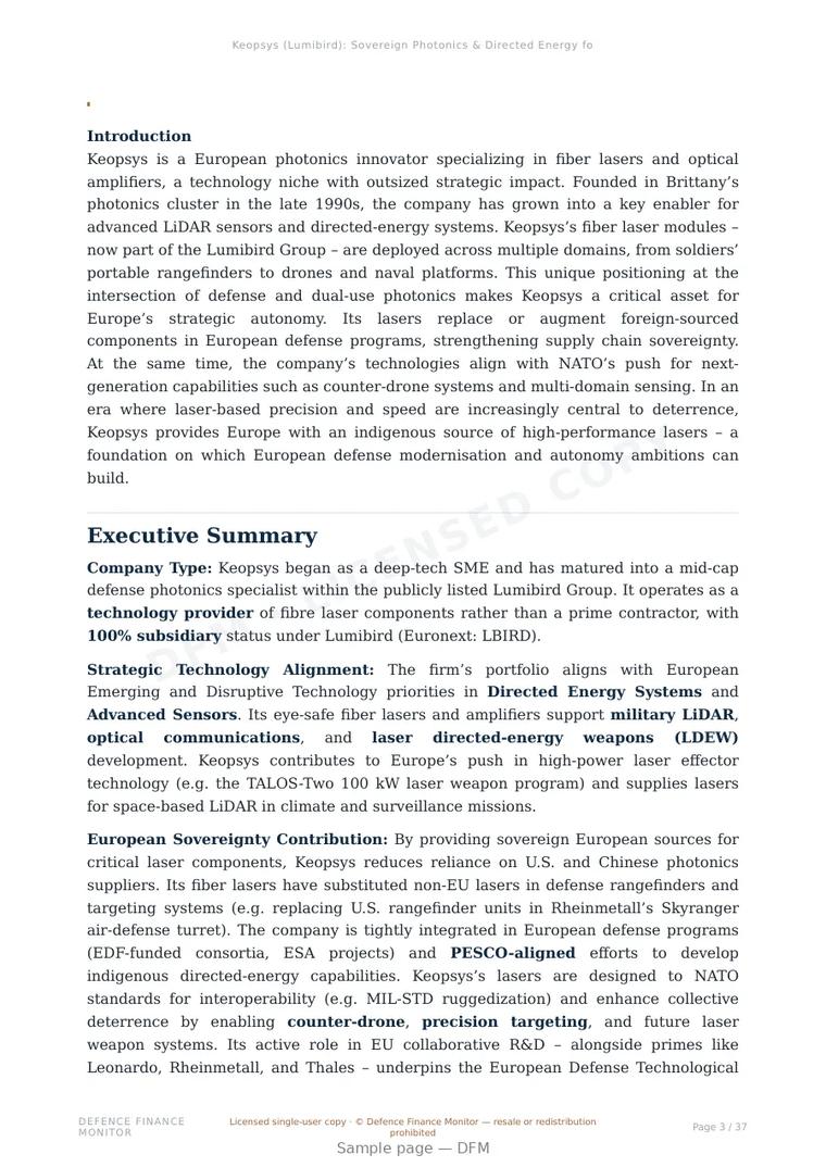 Sample page from “Keopsys (Lumibird): Sovereign Photonics & Directed Energy for European Defense” — 38-page report