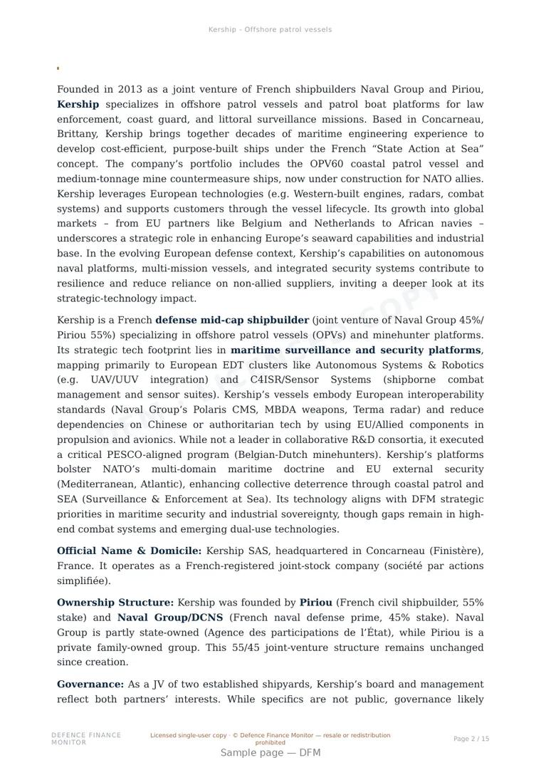 Sample page from “Kership - Offshore patrol vessels” — 16-page report