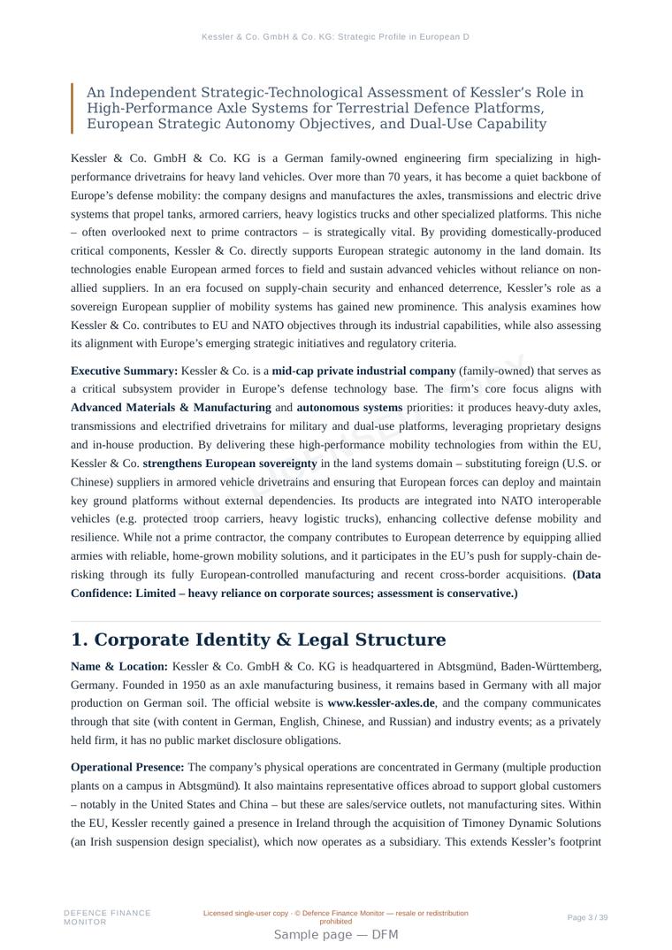 Sample page from “Kessler & Co. GmbH & Co. KG: Strategic Profile in European Defence Mobility Systems” — 40-page report