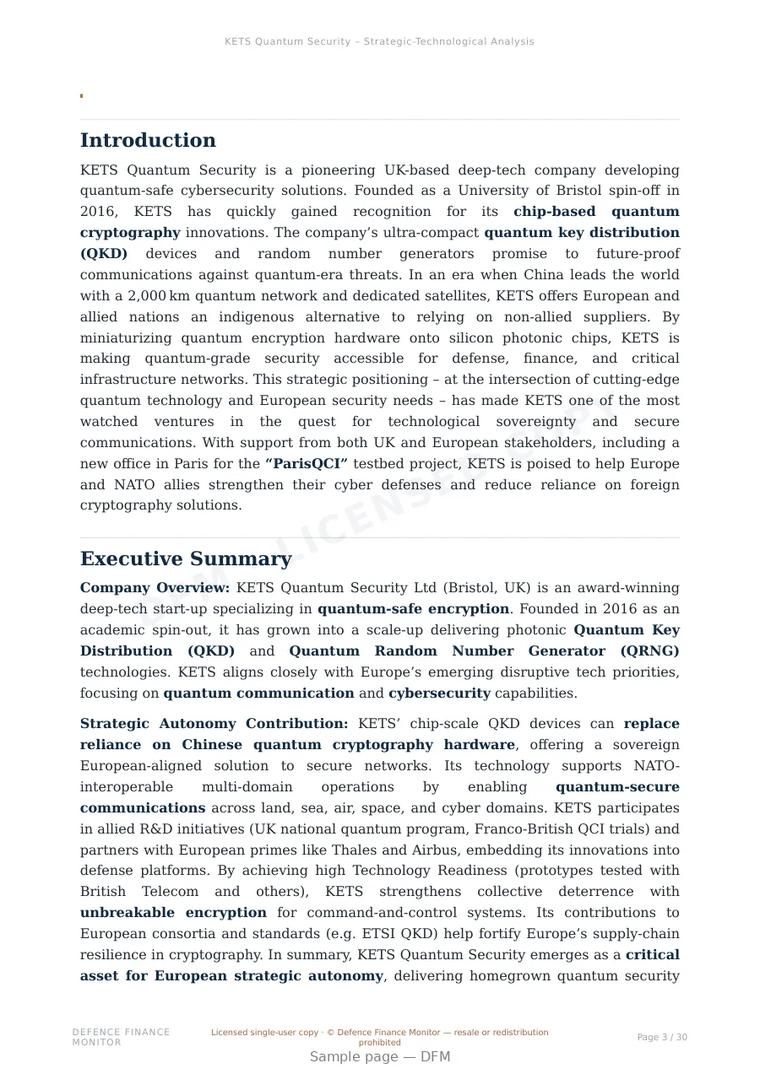 Sample page from “KETS Quantum Security — United Kingdom quantum communications company” — 31-page report