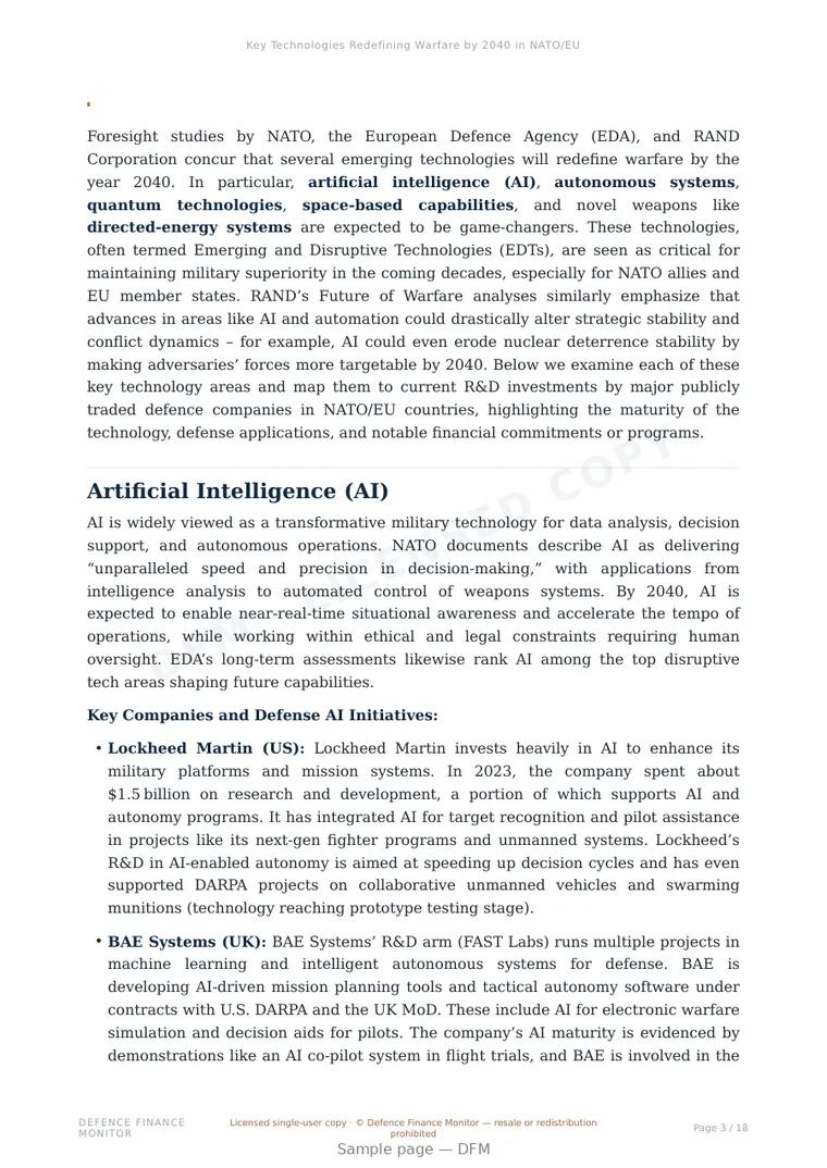 Sample page from “Key Technologies Redefining Warfare by 2040 in NATO/EU” — 19-page report