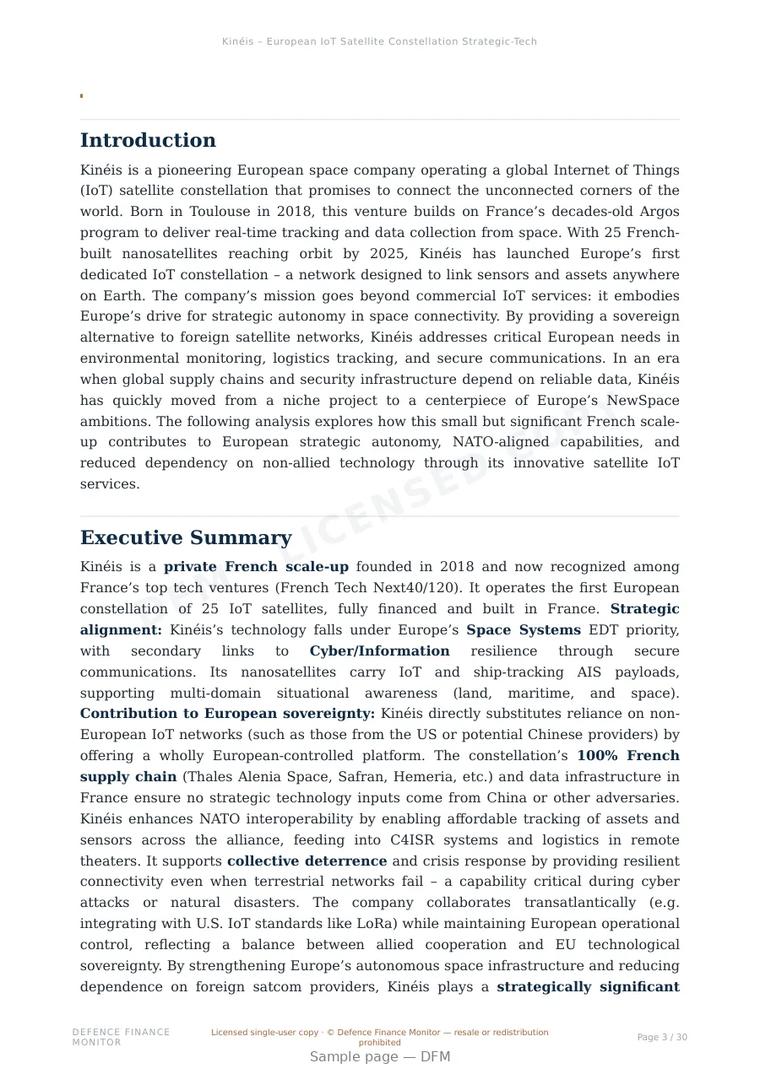 Sample page from “Kineis — France satellite platforms company” — 31-page report