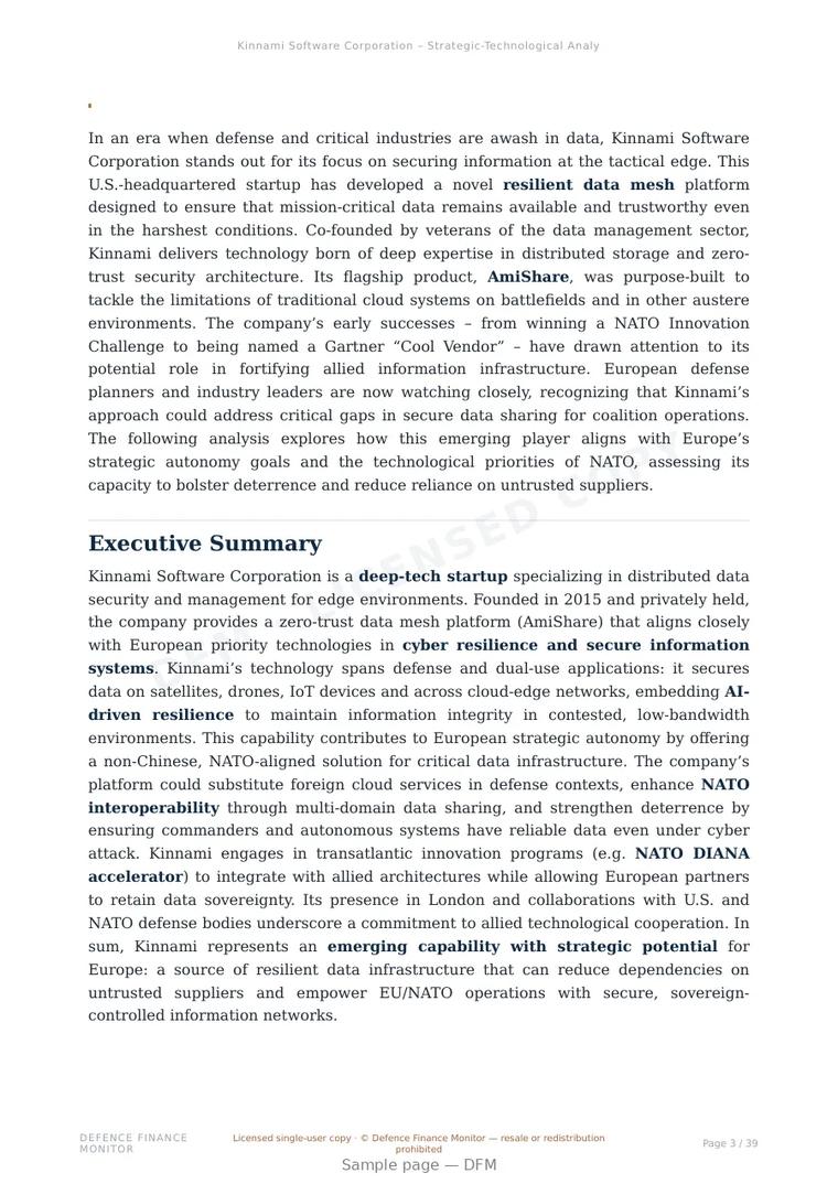 Sample page from “Kinnami Software Corporation — United States zero trust architectures company” — 40-page report