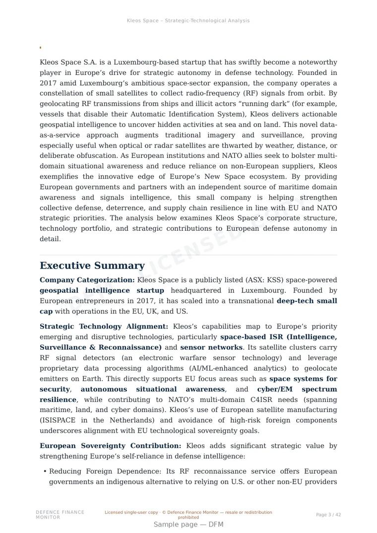 Sample page from “Kleos Space S.A. — Luxembourg space-based isr company” — 43-page report