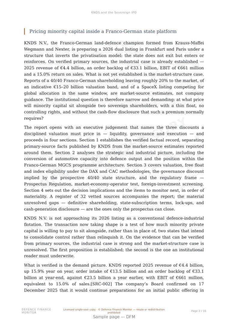 Sample page from “KNDS and the Sovereign IPO” — 17-page report