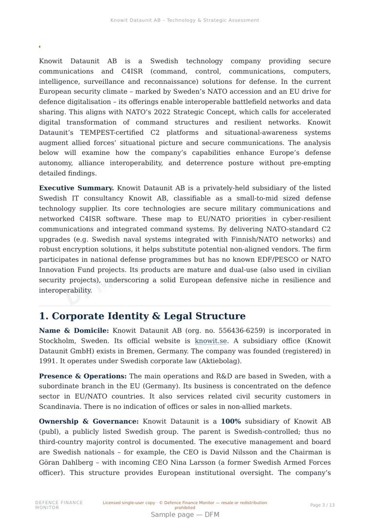 Sample page from “Knowit Dataunit AB – Technology & Strategic Assessment” — 14-page report